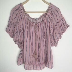 AE soft Pink Striped Cottagecore Off-Shoulder Boho Top w/ Tassels S
